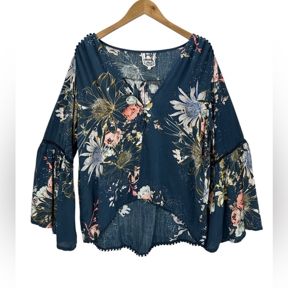 Jaase Tops - Jaase Floral Bell Sleeve Boho Blouse Tunic Festival Romantic Vibe Poet Top Small